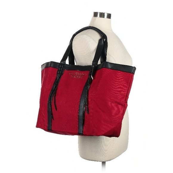 Victoria's Secret Red Signature Graphic Canvas Vegan Leather Tote/Weekender - Picture 3 of 3
